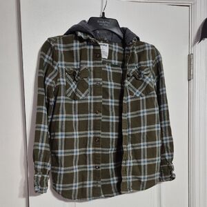 SONOMA Kids Olive and Blue Plaid Hooded Shirt Jacket